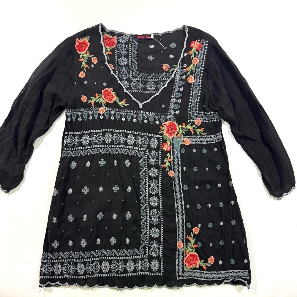 Johnny Was Embroidered Blouse Floral Black Top